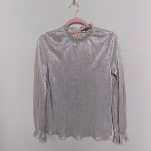Adrianna Papell Metallic Pleated Champagne Long Sleeve Top Size Small